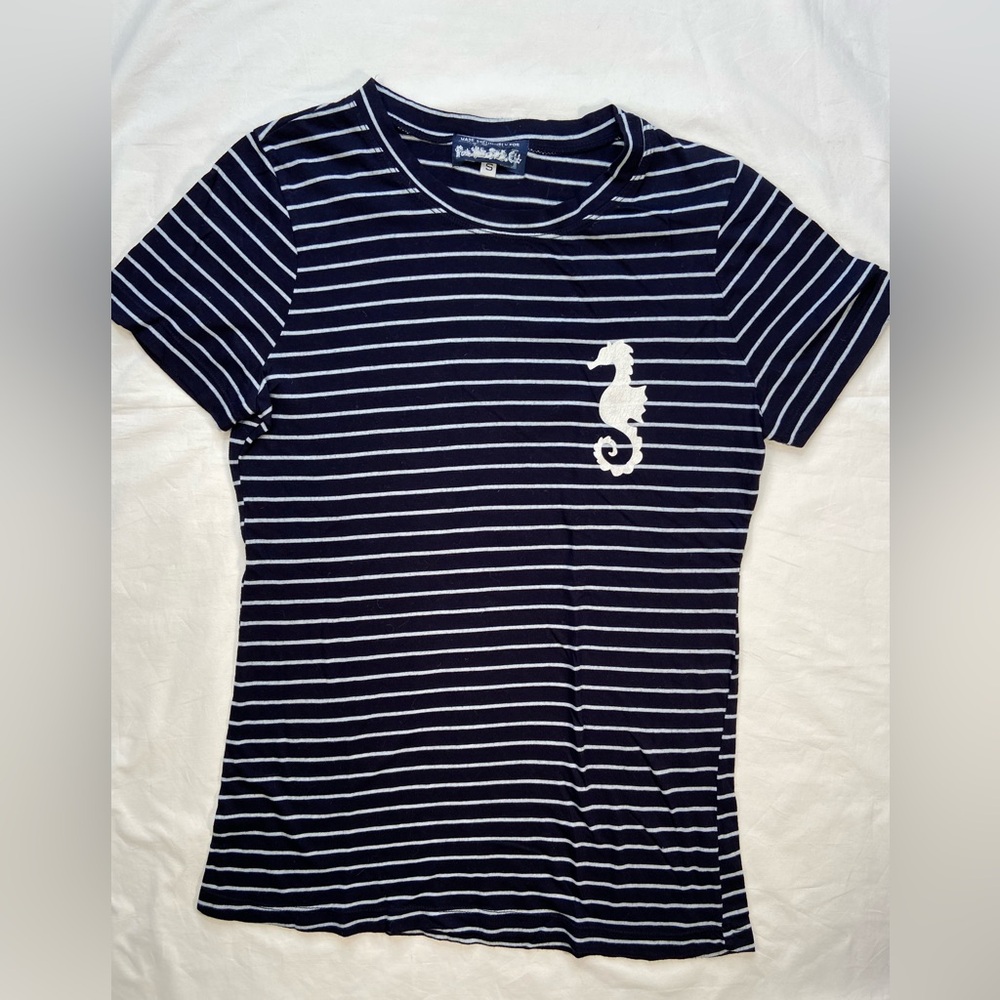 Seahorse Striped Short Sleeve T-shirt with‎ Big Seahorse, Size Small